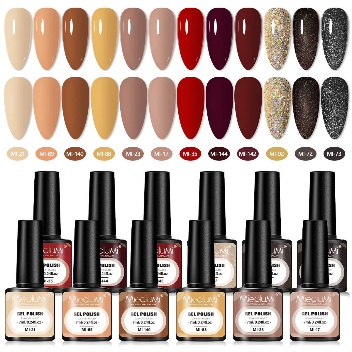 

12 Colors Coffee Series Gel Nail Polish Kit, Multi Brown Nude Wine Red & Sparkle Glitter Combo, UV Cured Nail Gel, One-Coat Opa