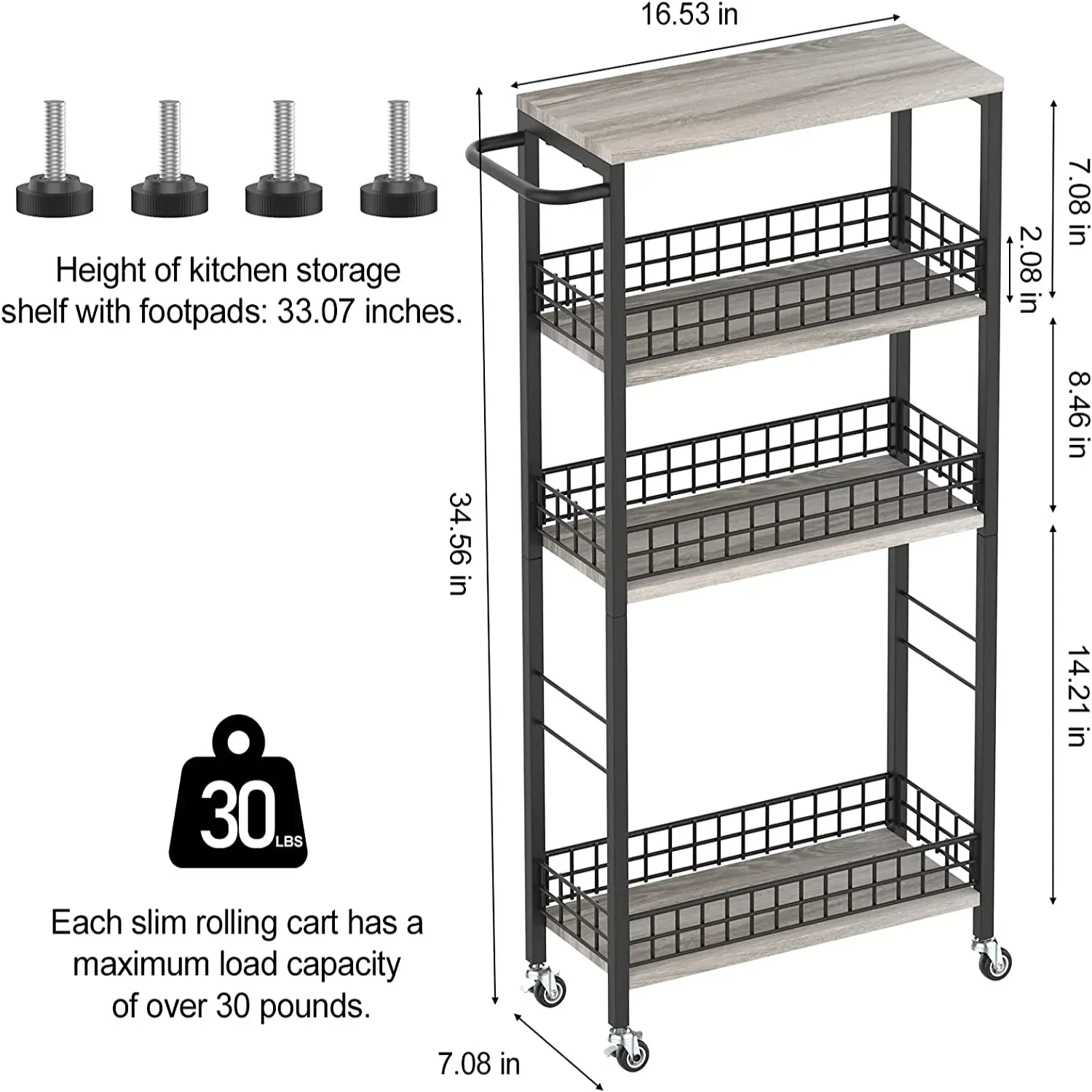 Slim and Sturdy 4 Tier Narrow Laundry Cart on Wheels - Versatile Utility Rolling Cart for Kitchen, Bathroom, and Organizer Use