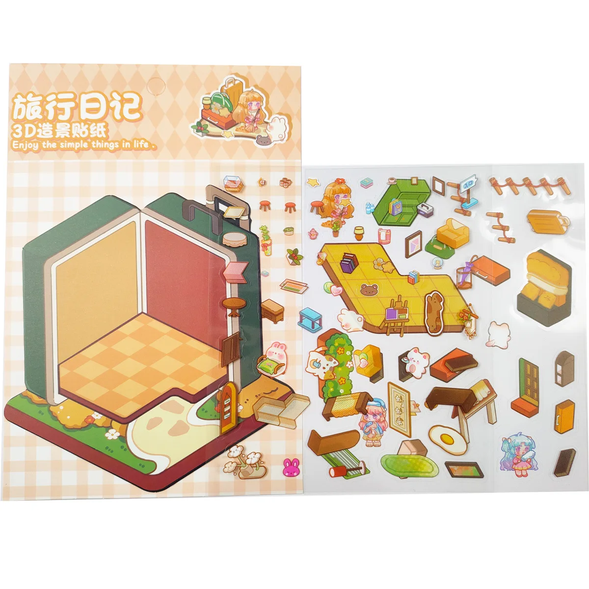 Adesivos de paisagem de comida e jogo 3D, manuais de estudantes fofos, cenas de material, adesivos de decoração de casa em miniatura