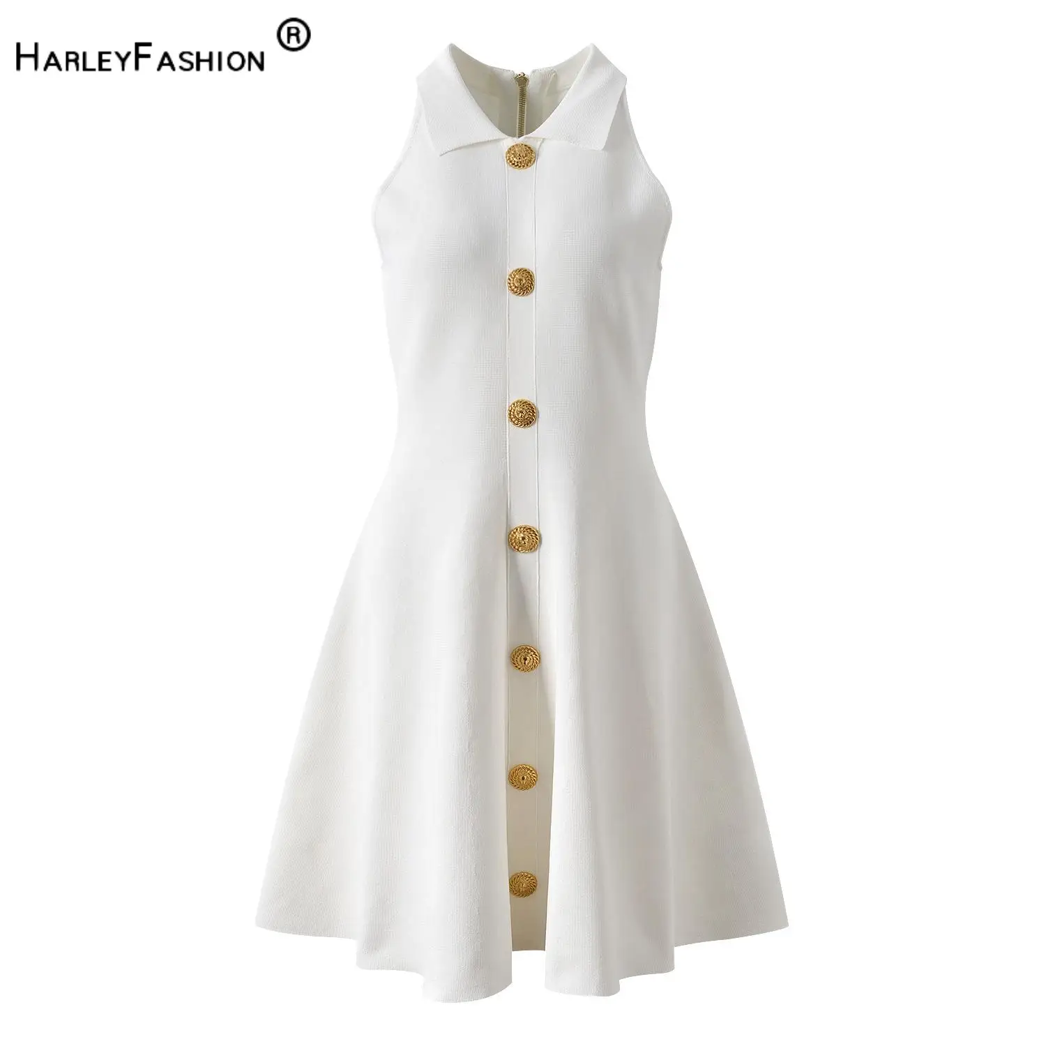 Лето 2025 г., однотонное женское однобортное трикотажное короткое платье трапециевидной формы без рукавов с лямкой на шее