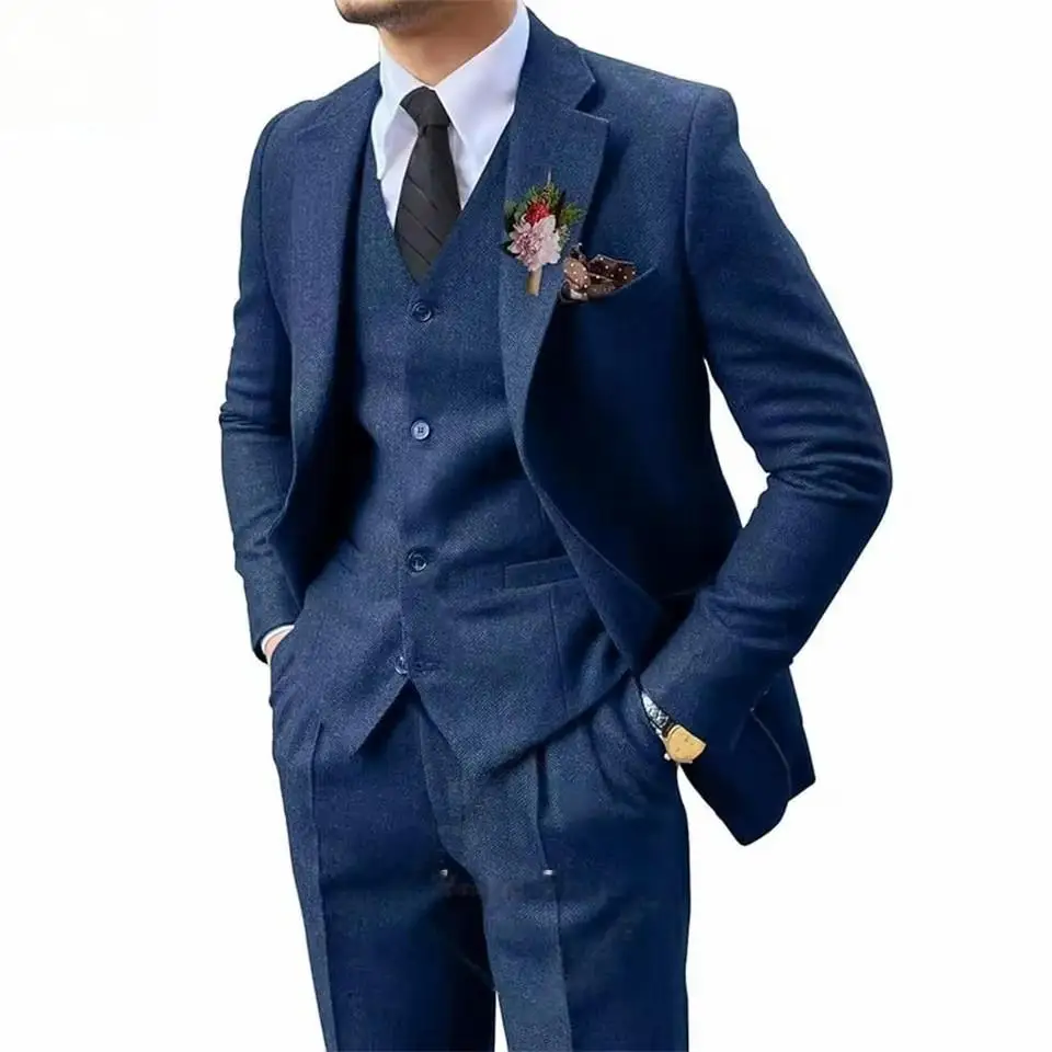 3 ชิ้นสีน้ําตาล Mens Tweed Herringbone งานแต่งงานพรหม Tuxedos Notched Lapel Tweed สําหรับธุรกิจ SLIM FIT (blazer + เสื้อกั๊ก + กางเกง)