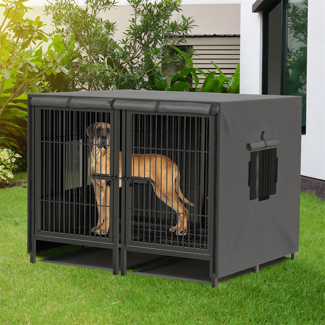 2 in 1 Large Heavy Duty Metal Dog Cage with Removable Divider Double Pet Crate Kennel for Animals with Cage Cover