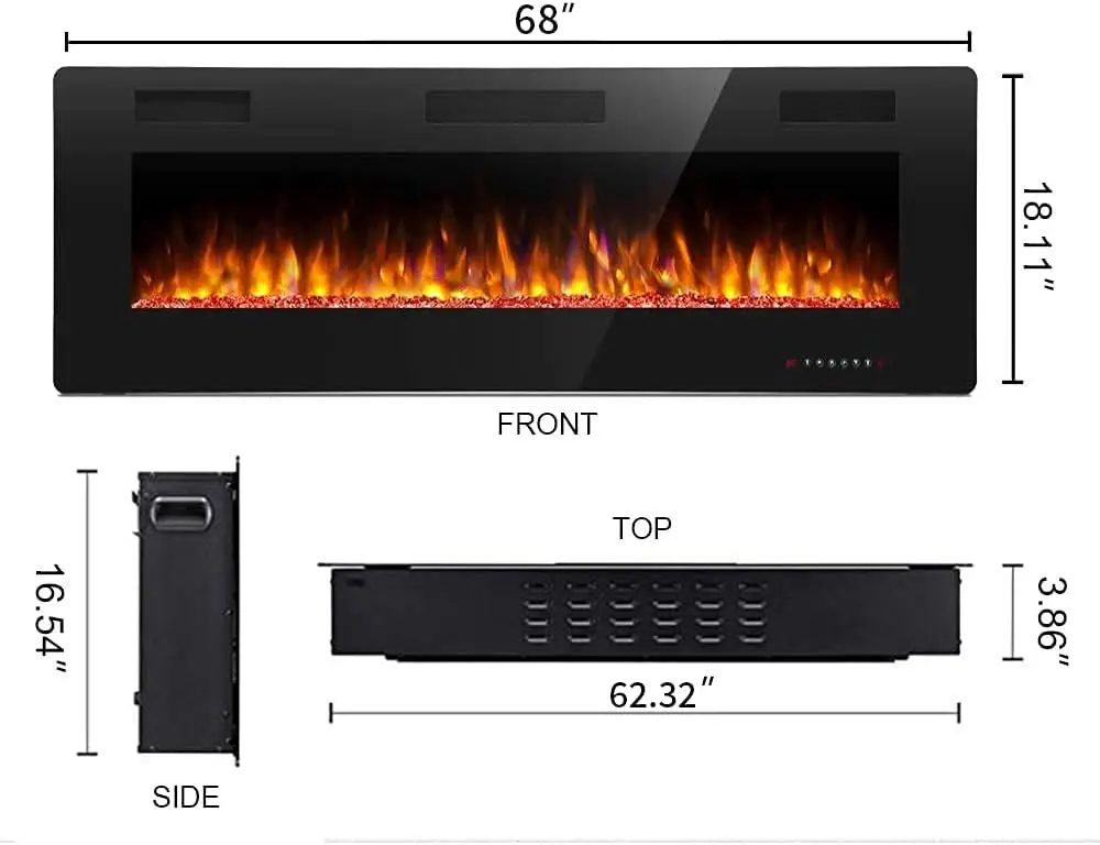 68 inch elektrische haard inbouw inbouw en wandmontage, 750/1500 W bediening via aanraakpaneel en afstandsbediening