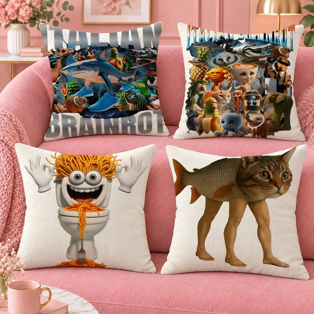Meme Surreal Italian Brainrot Cushion Cover Cute Cartoon Throw Pillow Cover Soft Plush Cushion Cover Sofa Bedroom Home Decor