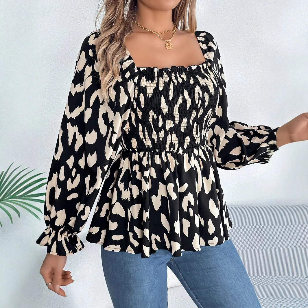 Frauen Bluse Leopard Print Top Quadrat Kragen Flare Hülse Essbaren Baum Pilz Blusen Chiffon Hemd Herbst Büro Dame