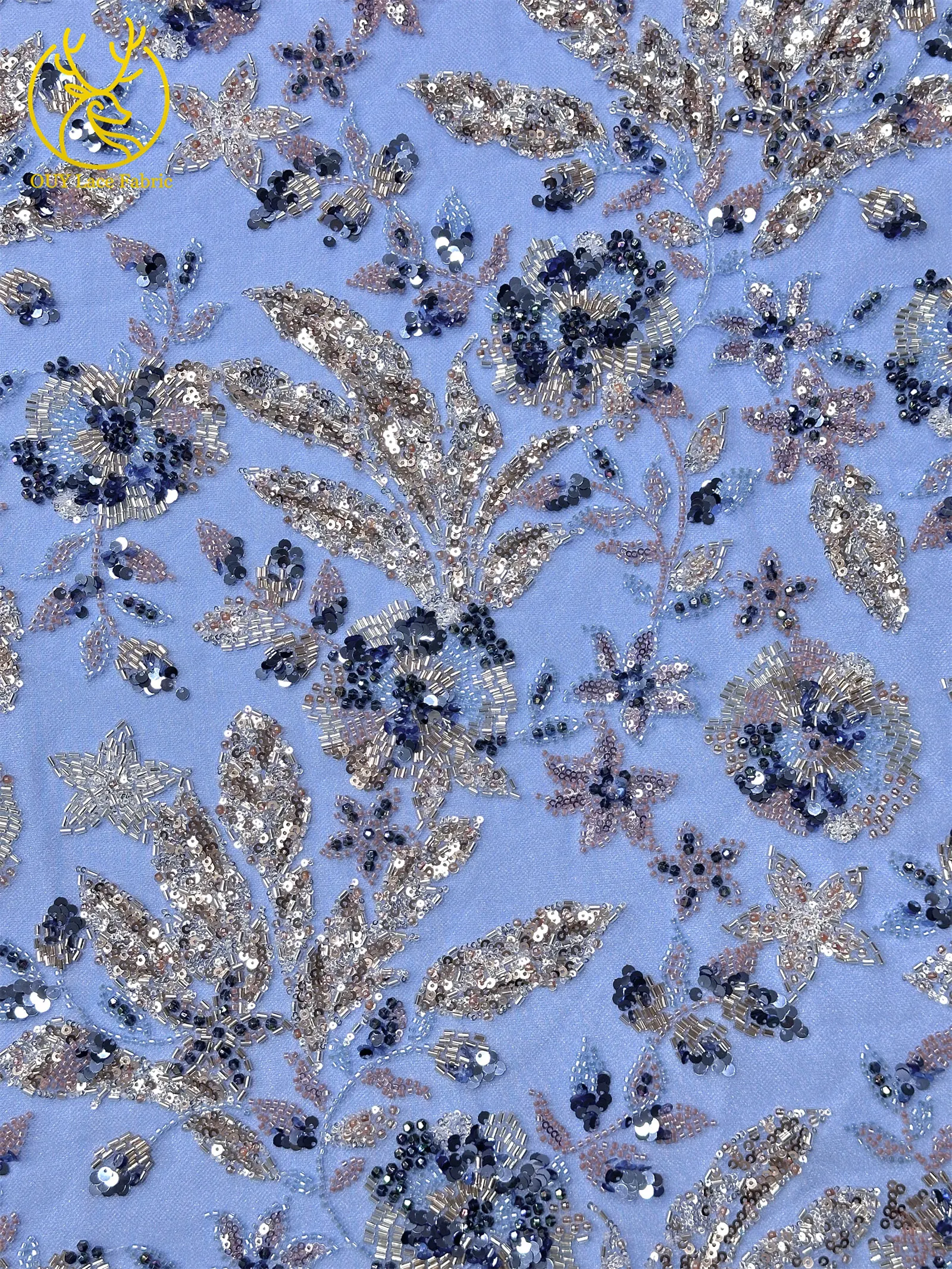Modischer nigerianischer bestickter Perlen-Spitzenstoff, eleganter afrikanischer Pailletten-Netzstoff für Brautkleider und Partykleider zum Nähen – Detail 8
