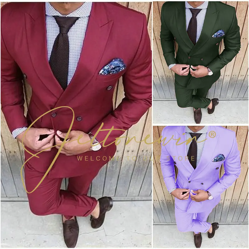 2020 Pria Cocok Burgundy Double Breasted Pakaian Formal Pernikahan Tuksedo Slim Fit Pria Cocok untuk Pria Pengiring Pria Perapi Prom untuk pria