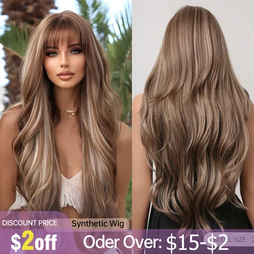 Peluca rizada larga de 28 pulgadas con flequillo, pelucas de pelo marrón ombré para mujeres, pelucas sintéticas rubias destacadas para fiesta diaria, resistentes al calor