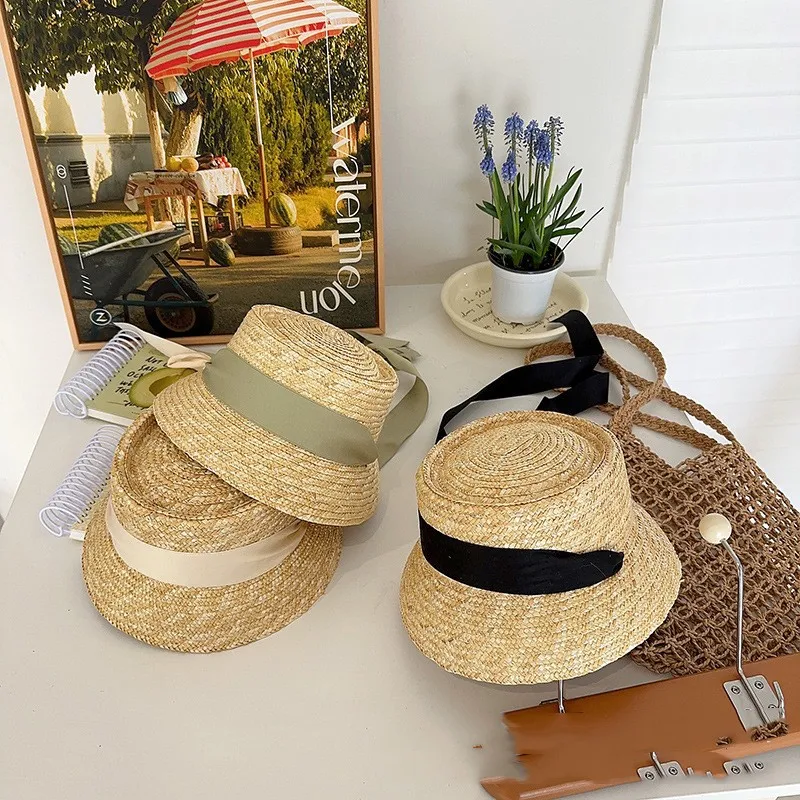 2023 Spring or Summer New Girl Lace Belt Hat Children's Big Eaves Dome Shade Straw Hat.