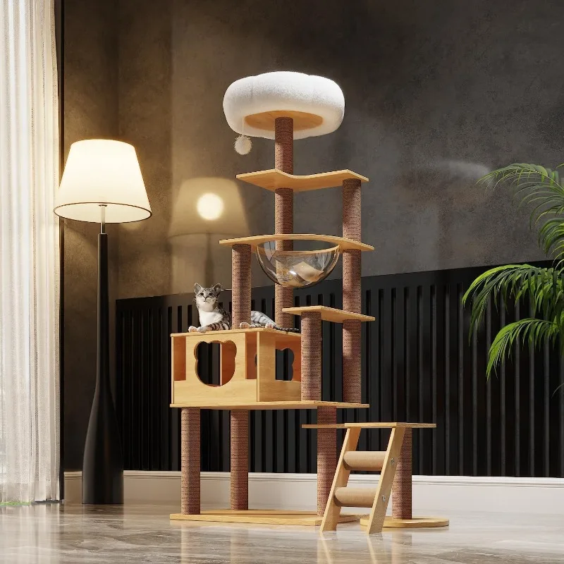 65-Inch Multi-Pure Wood-Level Cat Tree Tower with Condo,  with Padded Platform Bed, Toy Balls, and Sisal Scratching,Cat Tree