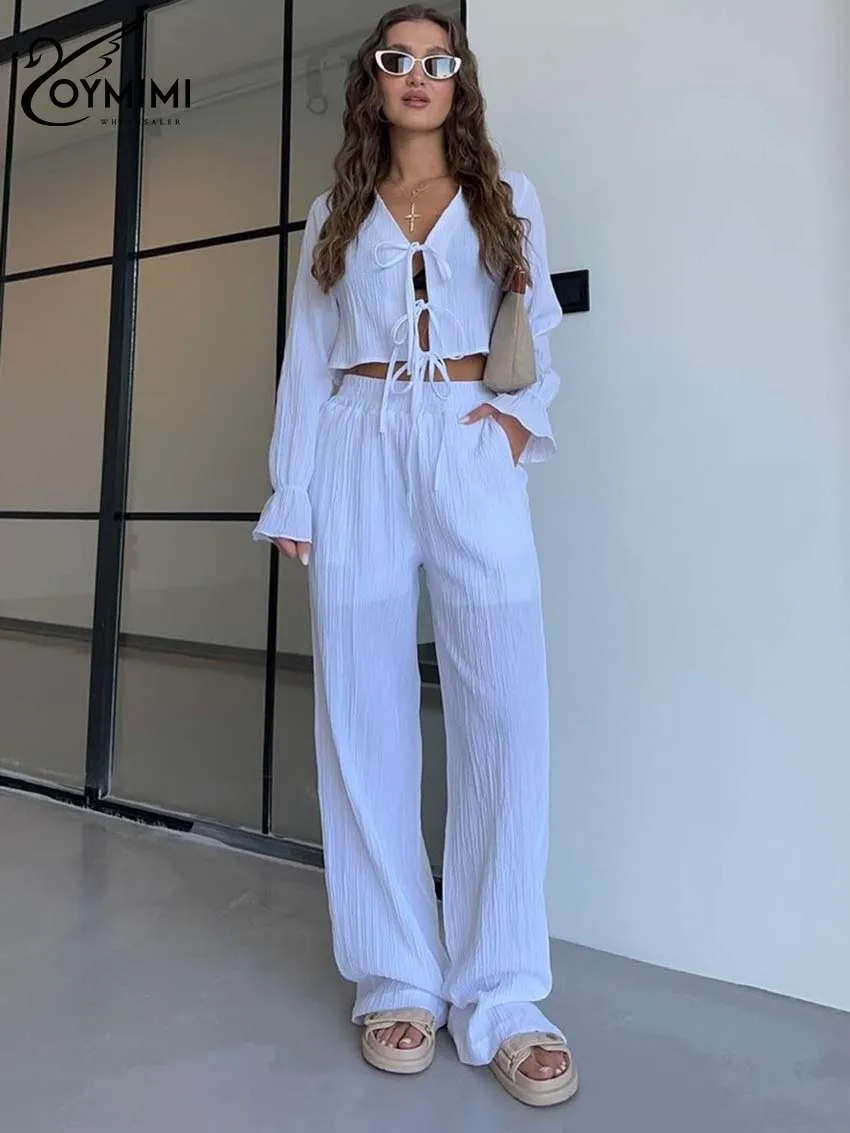 

Oymimi Fashion White Sets Woman 2 Piece Elegant V-Neck Long Sleeve Lace-Up Crop Shirts And High Waist Simple Trousers Female Set