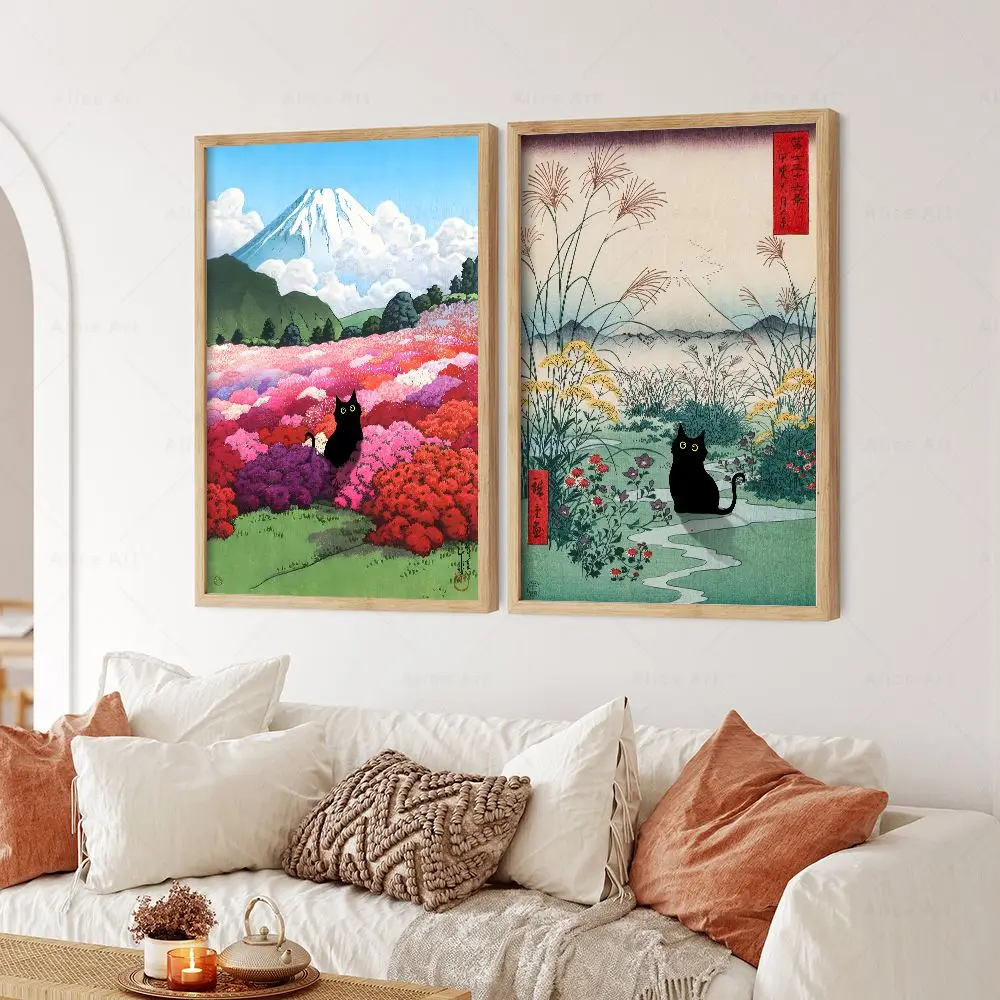 Póster de paisaje de jardín de Azalea Fuji, montaje de gato negro, gato japonés, Otsuki, llanura en la provincia de Kai, lienzo impreso, pintura, decoración del hogar