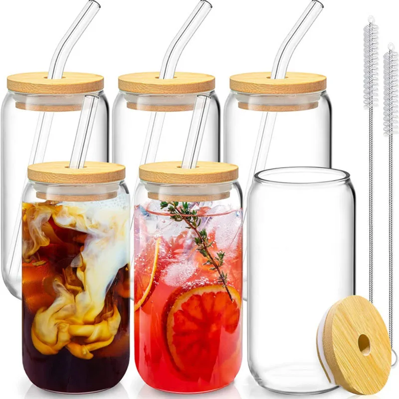 Juice Cold Drink Cups with Solid Wood Lids, Straws, Glass Cups, High-temperature Resistant Outdoor Tableware