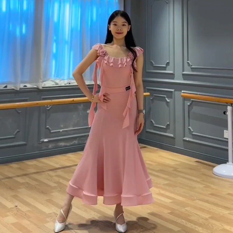 여름 왈츠 볼룸 댄스 복장 여성 댄스 복장 핑크 탑 스커트 연습 의류 공연 연습 복장