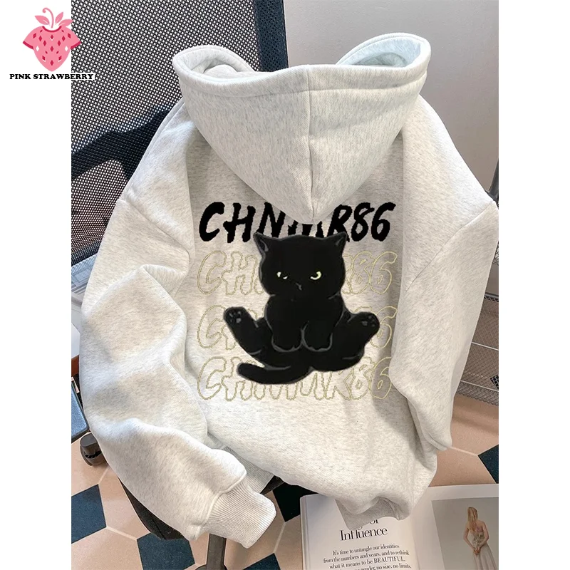 

Black Cat Printed Plush Hoodies Men Autumn Winter 2025 New Oversize Warm long sleeves Pullover Sweatshirt Y2K Tops Mens clothing