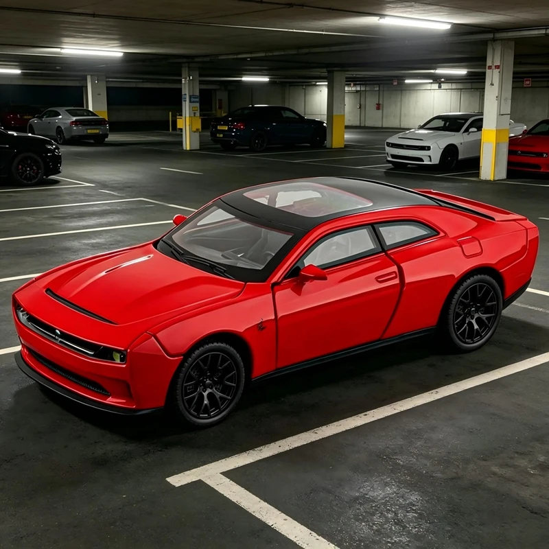 Модель автомобиля Dodge SRT Hellcat в масштабе 1:32 из сплава, двери, передний капот и багажник открываются, детализирована, выполнена с высокой точностью.