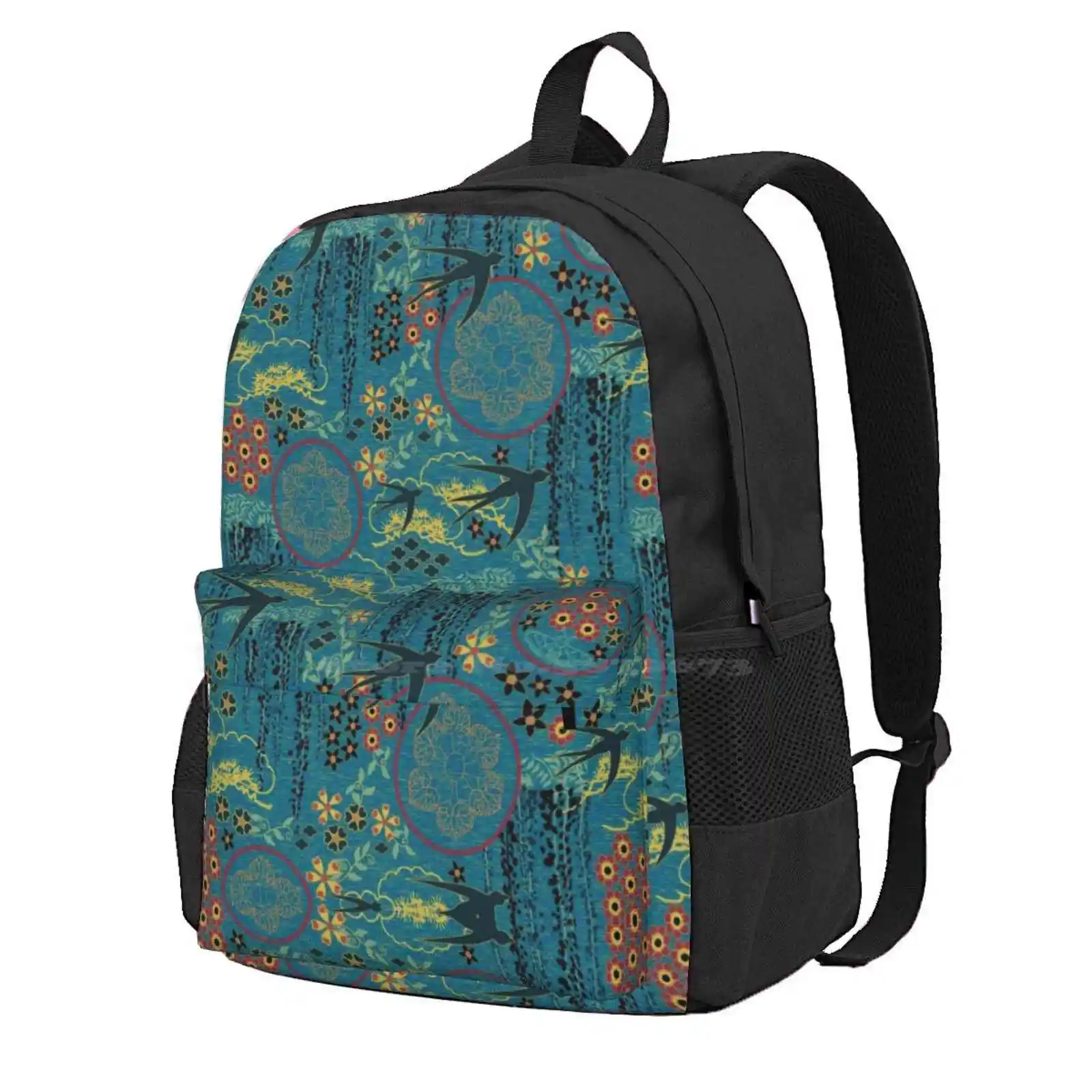 Japanese Garden In Teal Gold Red And Black Hot Sale Schoolbag Backpack Fashion Bags Japanese Garden Gardens Swallows Birds Teal