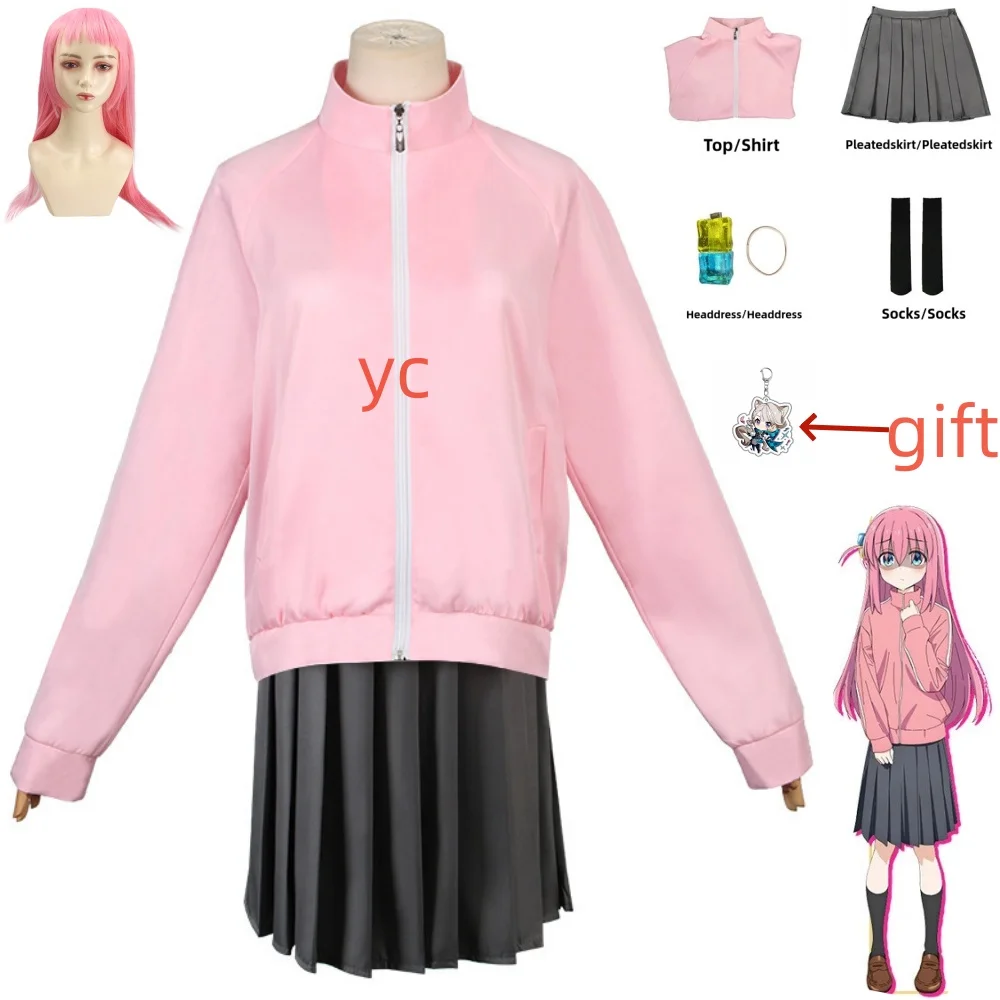 Gotou Hitori Cosplay Bocchi The Rock Gotou Hitori Cosplay Costume JK Uniform Pink Jacket Skirt Wig Suit Halloween Anime Cosplay