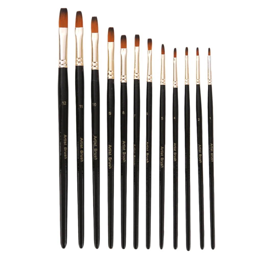 

12 Pcs Flat Paint Brush Blending Fine Detail Artists Brushes Drawing Nylon Painting