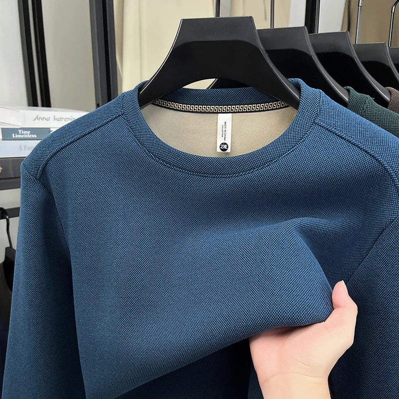 

Velvet Round Neck Sweatshirt Long Sleeved T-shirt Men's Autumn Business Casual Elastic Wrinkle Resistant Pullover Top Base Shirt