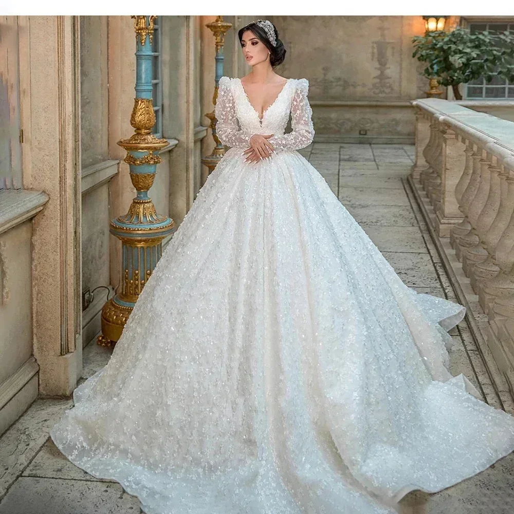 

On Zhu Customized Sparkling V Neck Wedding Dress Luxury Floral Appliques Long Sleeve Arabian Bridal Gowns vestido novia 2025