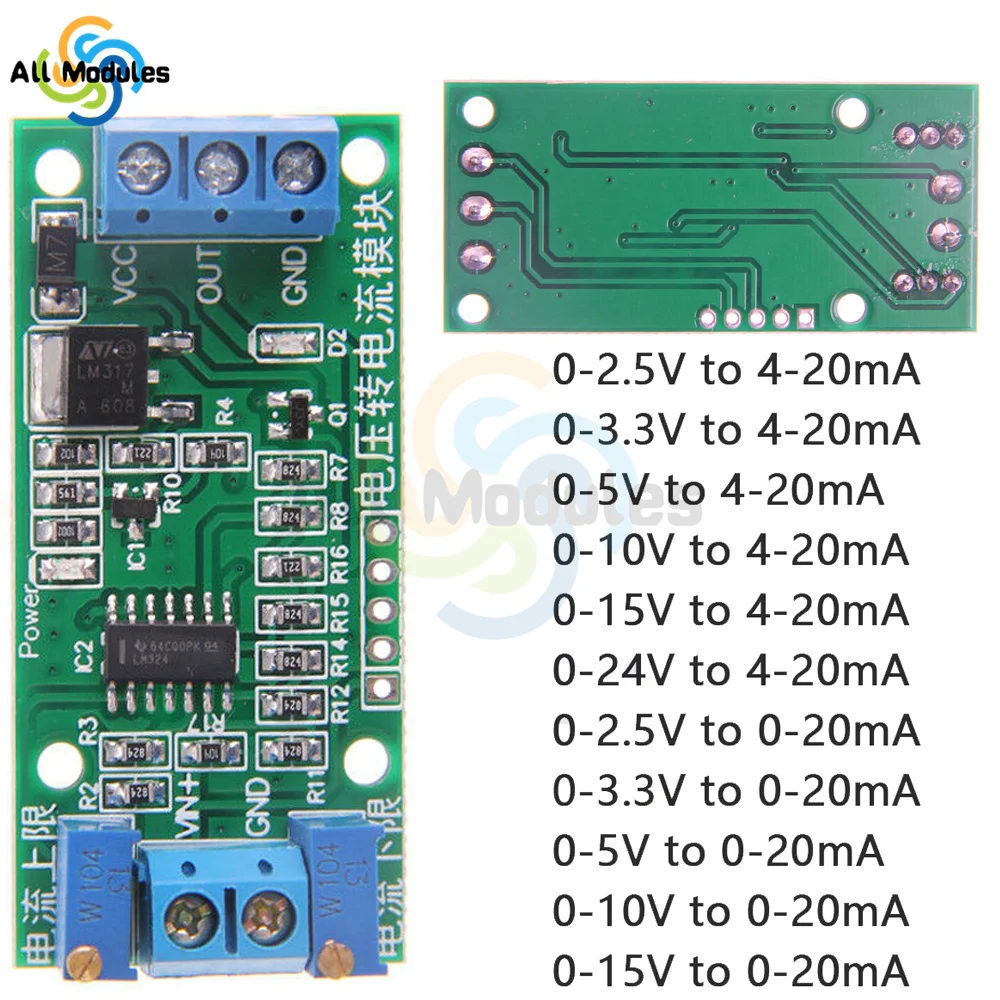 Voltage To Current Module 0-2.5V 0-3.3V 0-5V 0-10V 0-15V 0-24V to 0 -20mA/4 -20mA Current Transmitter Signal Converter Module