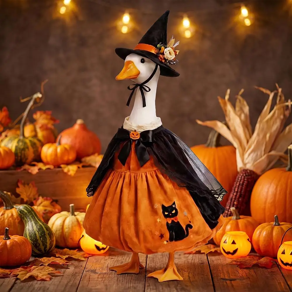 Halloween-Gänse-Hexen-Kostüm mit Hut, Schwarzes-Katzen-Muster, Garten-Veranda-Gänse-Dekor-Outfit für Party, Garten und Außenstatuen – Detail 7