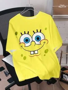Cute SpongeBob Large Face Graphic T-shirt Bright Yellow Basic Short Sleeve Shirt Men Women Loose Casual Daily Wear Cartoon Tee