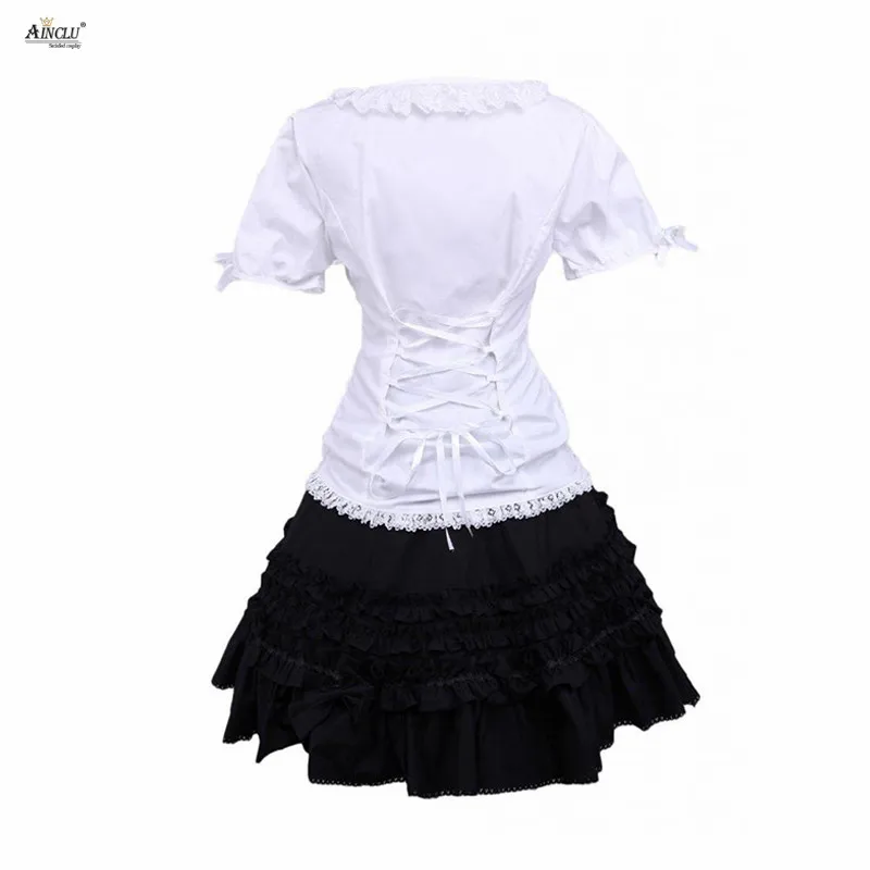 Ainclu Womens Cotton Lolita Suit Including White Short Sleeves Blouse And Black Lace Classic Lolita Skirt Free Shipping view 2