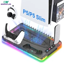 GAMINJA Host Heat Dissipation Base For PS5 With 7 Color Light Effect Headphone Hook Game Disc Storage Rack Handle Charging Stand