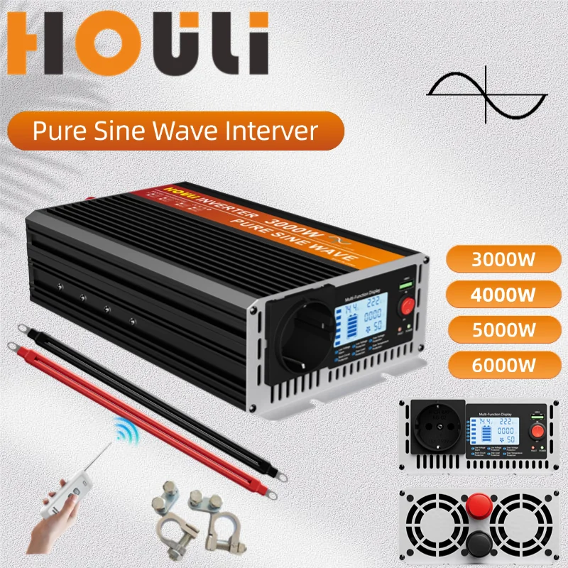 HOULI solar inverters pure sine wave 12v 220v Control Frequency converter 24v 6000w 5000w 4000w 3000w lcd 50hz/60hz EU car