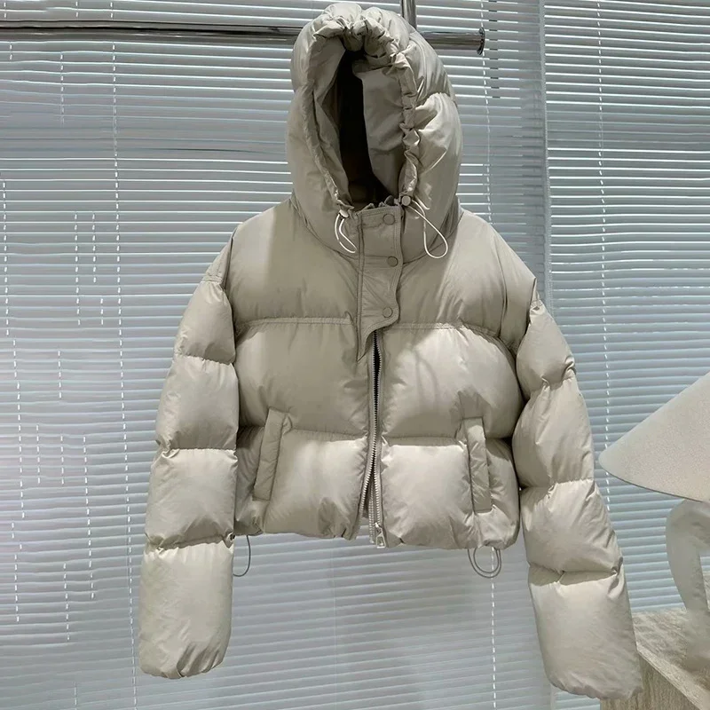 Damska biała kurtka puchowa z kapturem jesienna zima ciepła w rozmiarze Casual krótka gruba odzież wierzchnia 2024 nowa Z503
