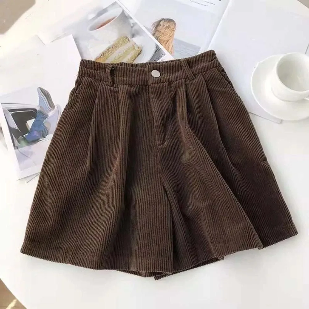 

Ins High Waist Women Corduroy Shorts Elastic Stripe Wide Leg Short Pants Two Pockets Large Size Loose Streetwear Daily