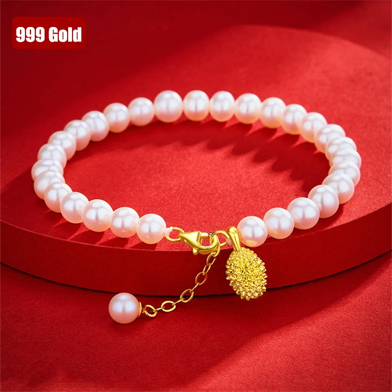 24K Gold Charm Bracelet Gold Bracelet 999 Real 3D Hard Gold Durian Pearl Bracelet for Women Fine Jewelry