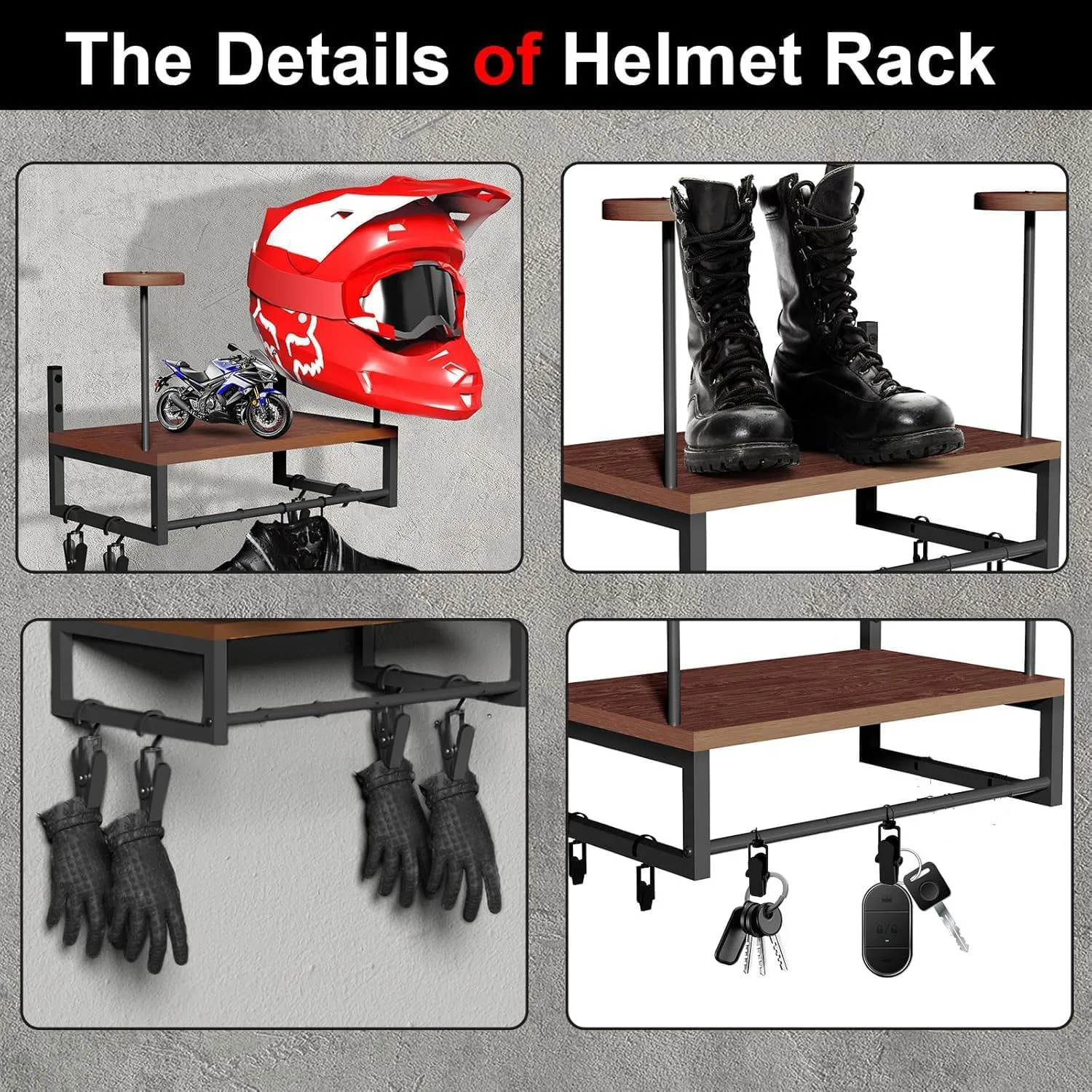 Wooden Motorcycle Helmet Wall Mount With Hooks Multipurpose Shelf Jacket Holders Kitchen Cabinet Shelf Helmet Display Stand view 4