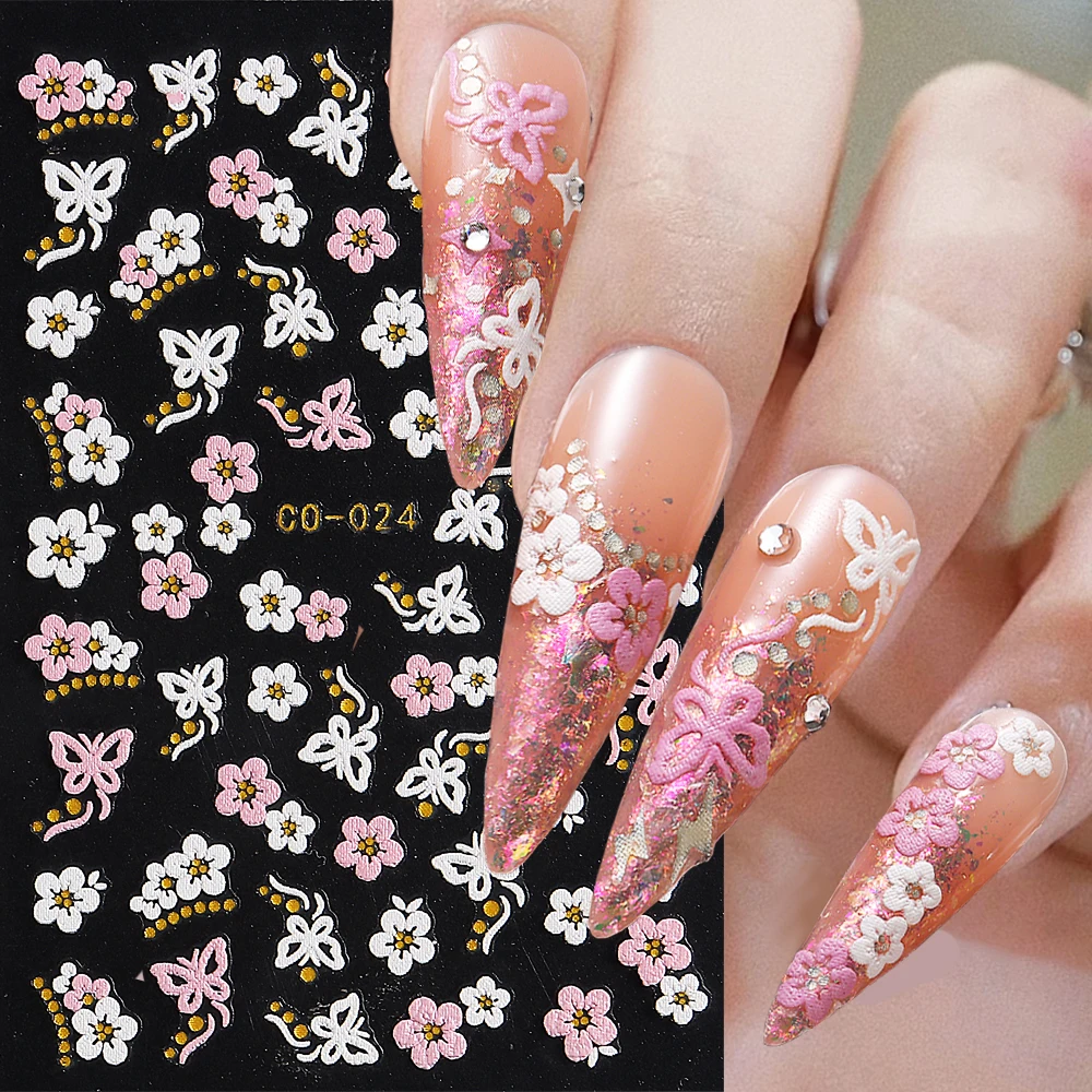 3D Simple Fleurs Ongles Autocollants Or Argent Coeur Étoile Français Pointe Ligne Ongles Conception Y2K Manucure Floral nickel é Nail Decal LEBCO-24