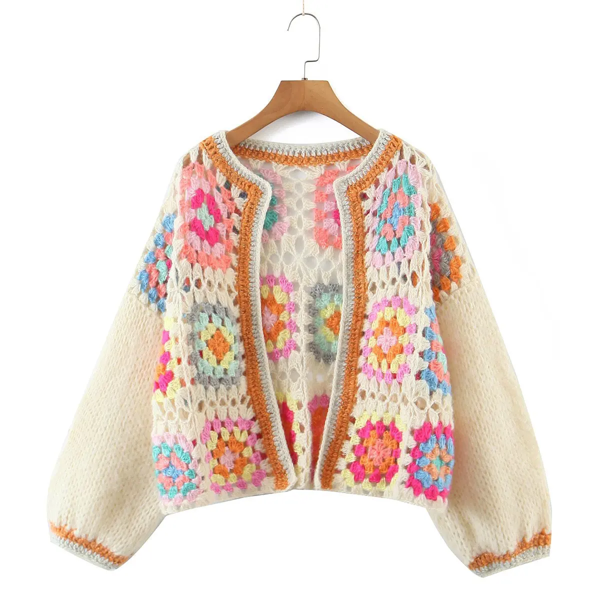 

2025 Spring And Autumn Long Sleeve Retro Check Gold Silk Holiday Sweater Tops Bohemian Crochet Hollow Knit Cardigan Jacket Top