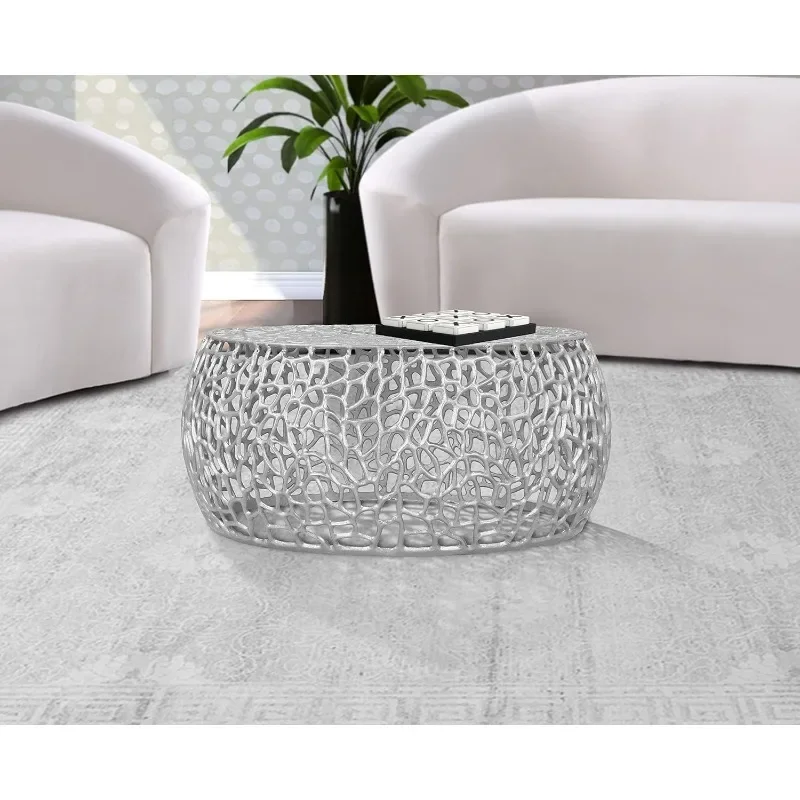 

Modern Contemporary Solid Aluminum Round Coffee Table with Intricate Design Solid Aluminium with Rich Silver Finish