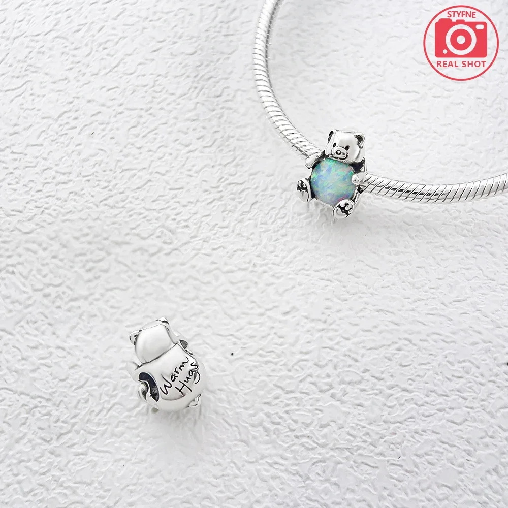 925 Sterling Silver Cute Opal Polar Bear Beaded Charm Beaded Fit Original Bracelet Jewelry Accessories Making Gift for Women