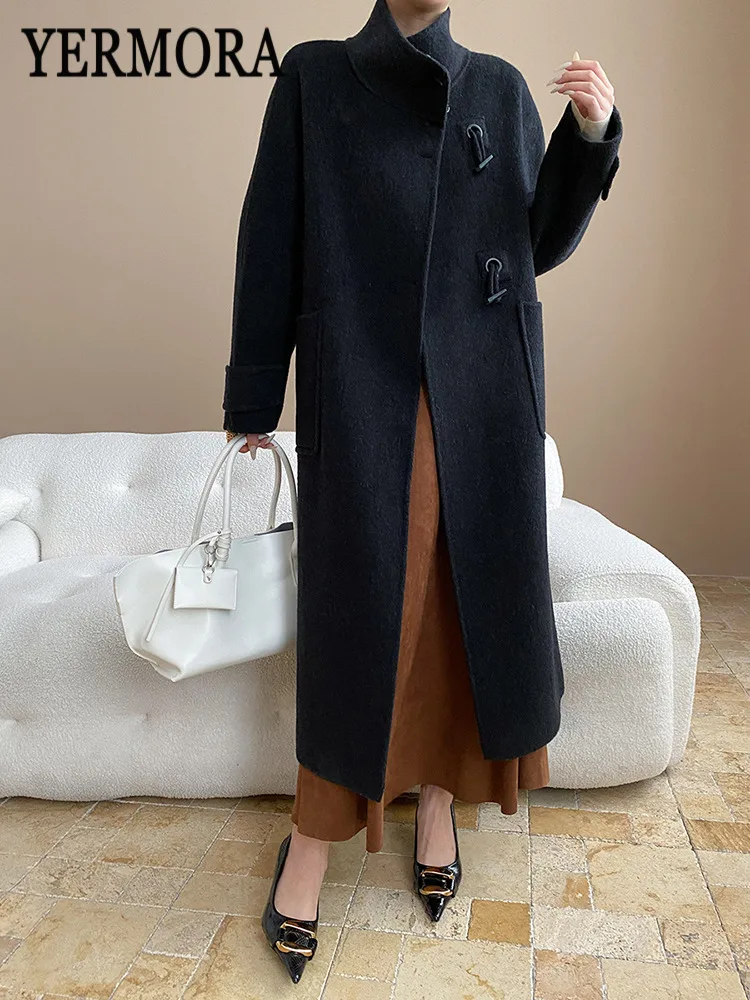 

YERMORA Winter New Black Button Vintage Woolen Coat For Women Stand Collar Long Sleeve Loose New Overcoat Fashion Tide 2025