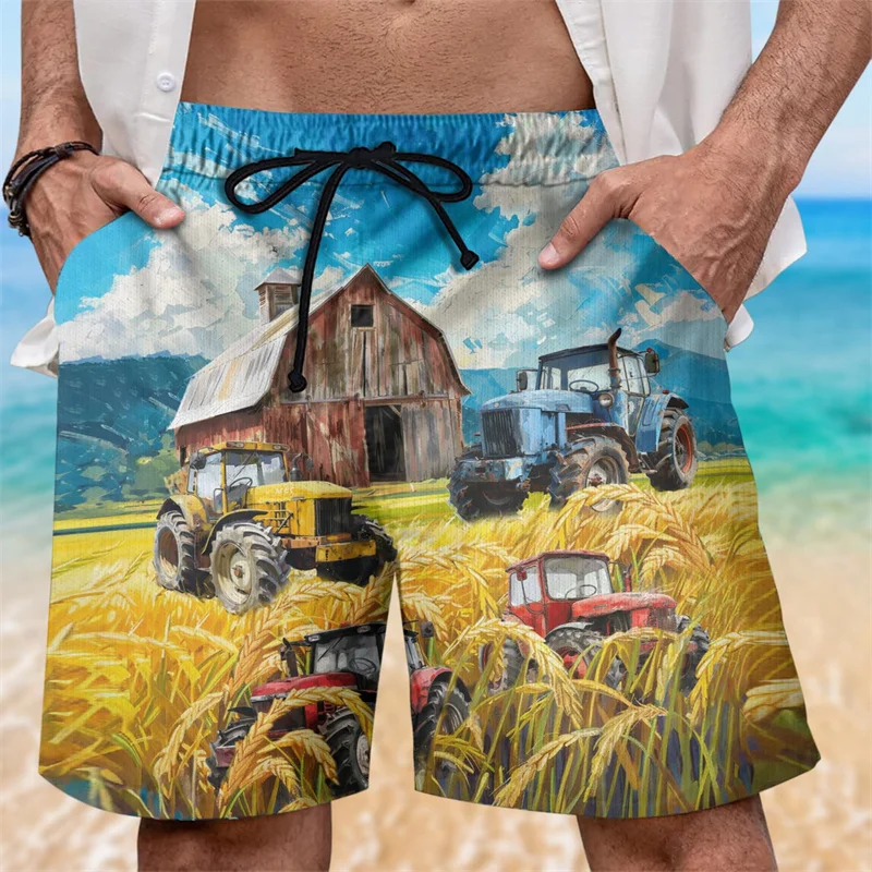 3D Printed Tractor Short Pants For Men Farmland Pattern Beach Shorts Fashion Casual Oversized Street Hawaiian Surf Swim Trunks