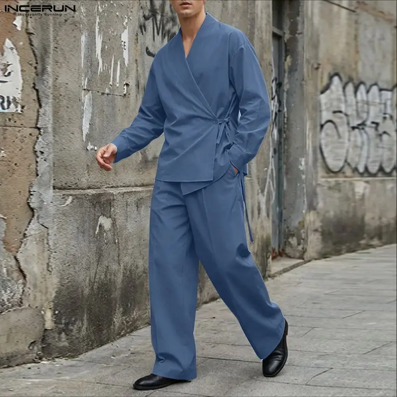 Мужской комплект INCERUN: однотонная рубашка с V-образным вырезом и длинным рукавом, брюки, комплект из двух предметов, уличная одежда, свободный крой, модный повседневный костюм 2026 года