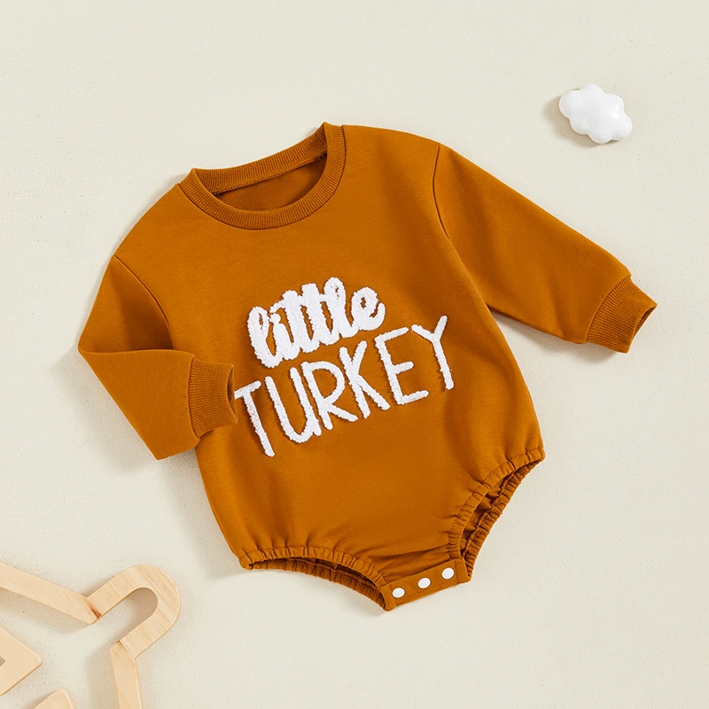 Baby Thanksgiving Sweatshirt Romper Letter Embroidery Round Neck Long Sleeve Bubble Bodysuits Fall Jumpsuit Costume