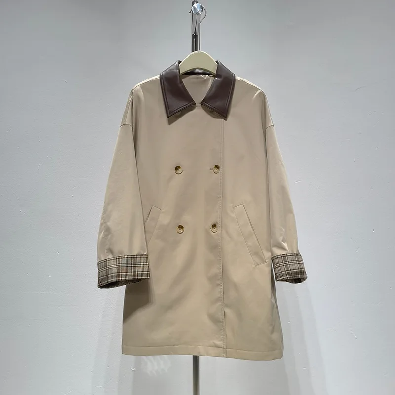

SuperAen 2025 Autumn New Women's Fashion Simple Korean Style Contrasting Color Plaid Long-sleeved Trench Coat Mid-length Coats