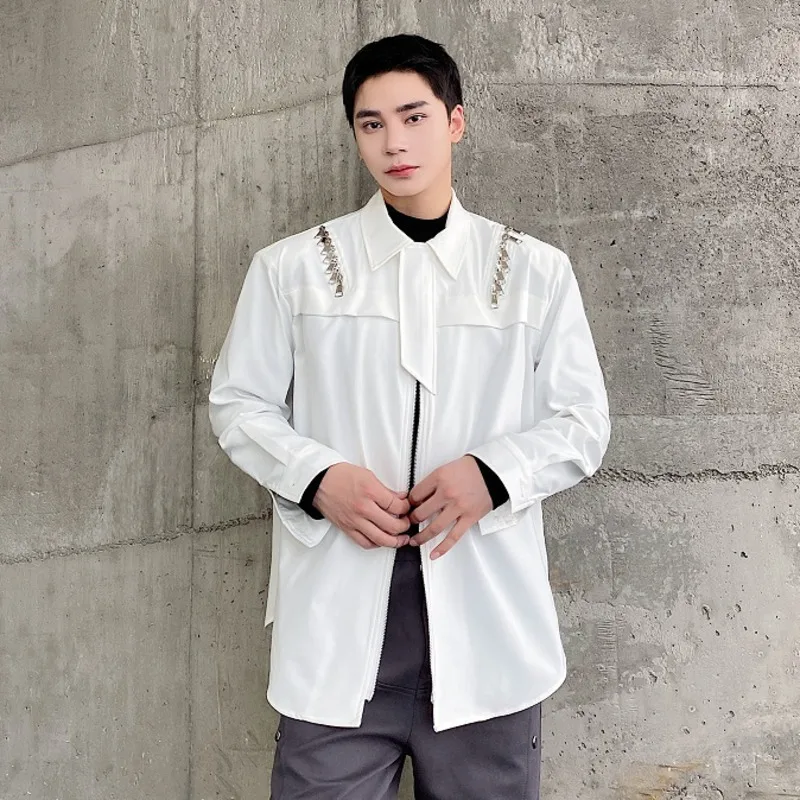 WVGA Spring Autumn New Men Unique Zipper Design Padded Shoulder Long Sleeve Shirt Loose Fit Autumn High-End Chic Tops Ins W23770