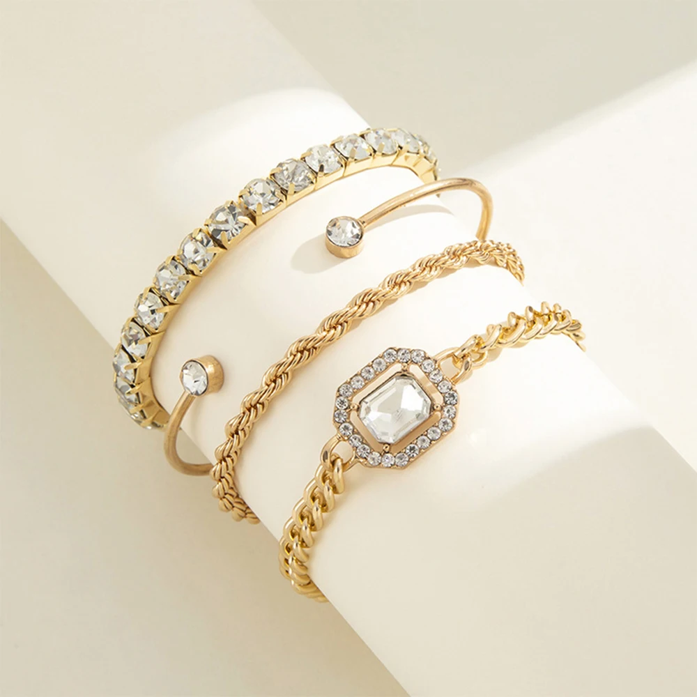 4 Piece Set Women Jewelry Fashion Versatile Retro Personality Fried Dough Twists Bracelet Imitation Gem Punk Bracelet Bracelet