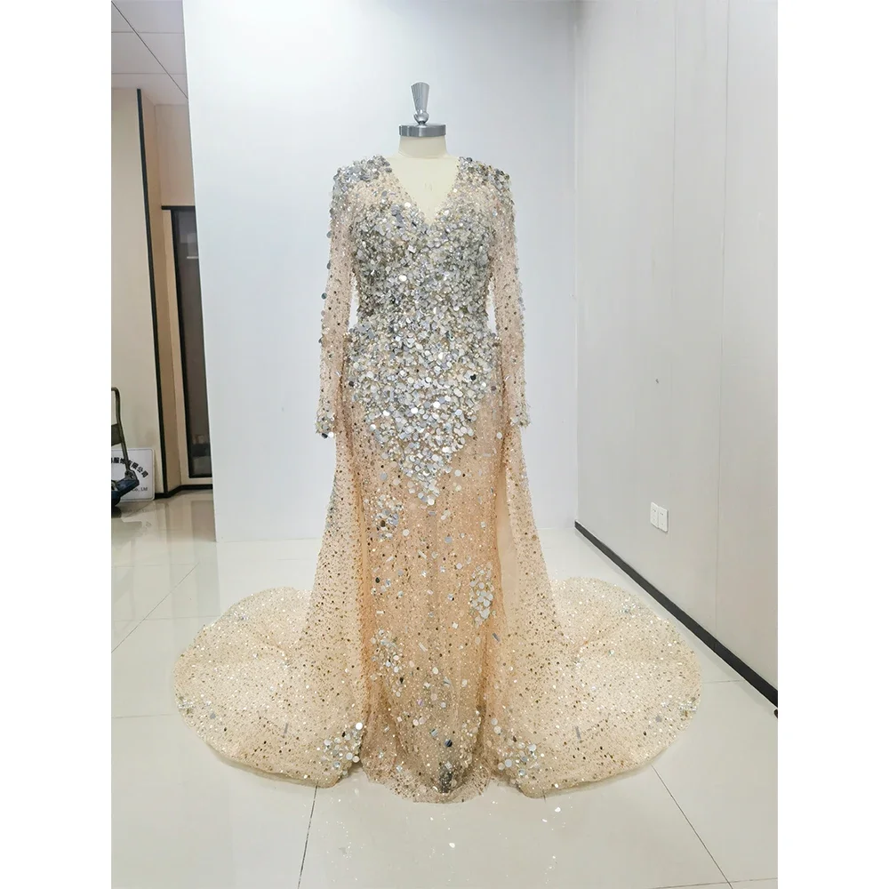 Exquisite Crystal Sequined Evening Dresses for Women Chic V-Neck Long Sleeves Mermaid Gowns Luxury Elegant Prom Party Dresses