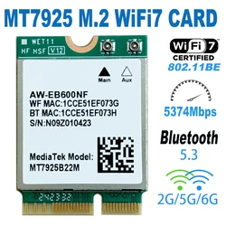 Placa de rede sem fio para Windows 11, MT7925, WiFi 7 Lan Card, Bluetooth 5.3 M.2 NGFF, 5400Mbps, Tri Band 2.4G, 5G, 6GHz