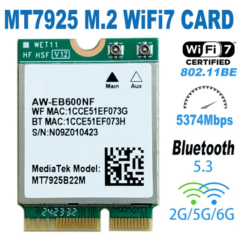 Imagen 1 del producto WDXUN para MT7925 WiFi7 tarjeta de red Bluetooth 5,3 M.2 NGFF adaptador inalámbrico 5400Mbps Tri Band 2,4G 5G 6GHz Wifi 7 para Windows11