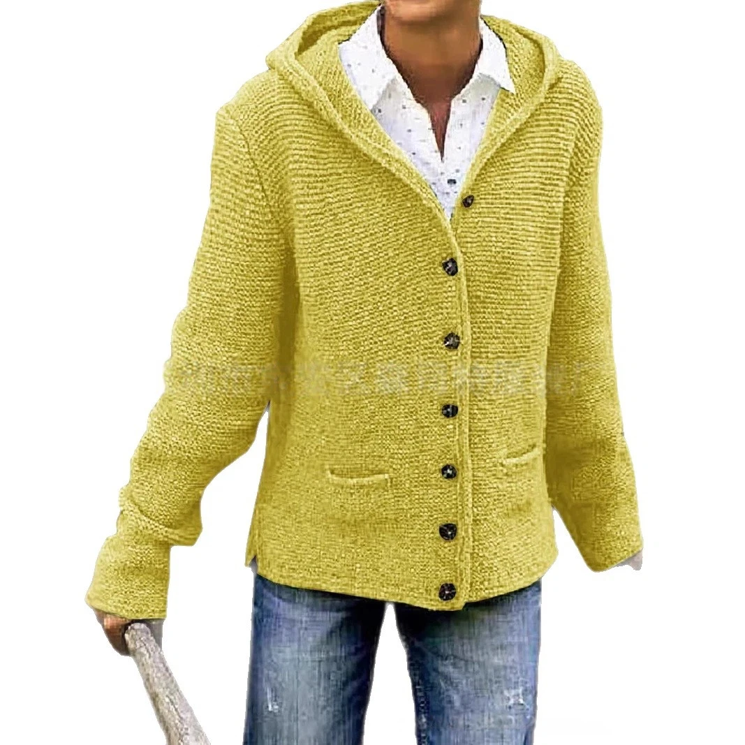 XXOWENLI Hooded Knit Cardigan Fashion Solid Color Long Sleeve Button Sweater Coat With Pockets Autumn Winter Warm Knitted Jacket 4